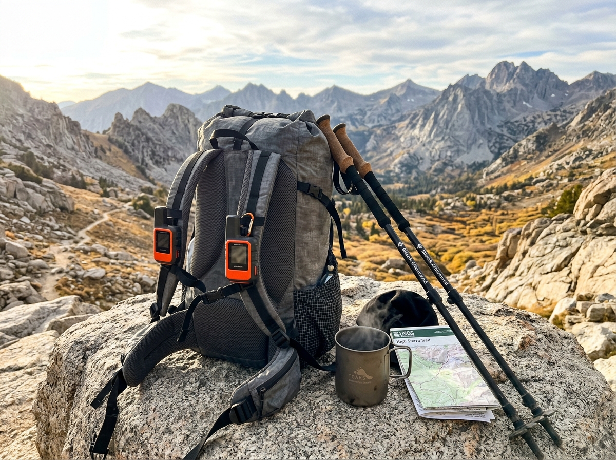 Mochila ultraligera sobre roca granítica con dispositivo satelital en el collado