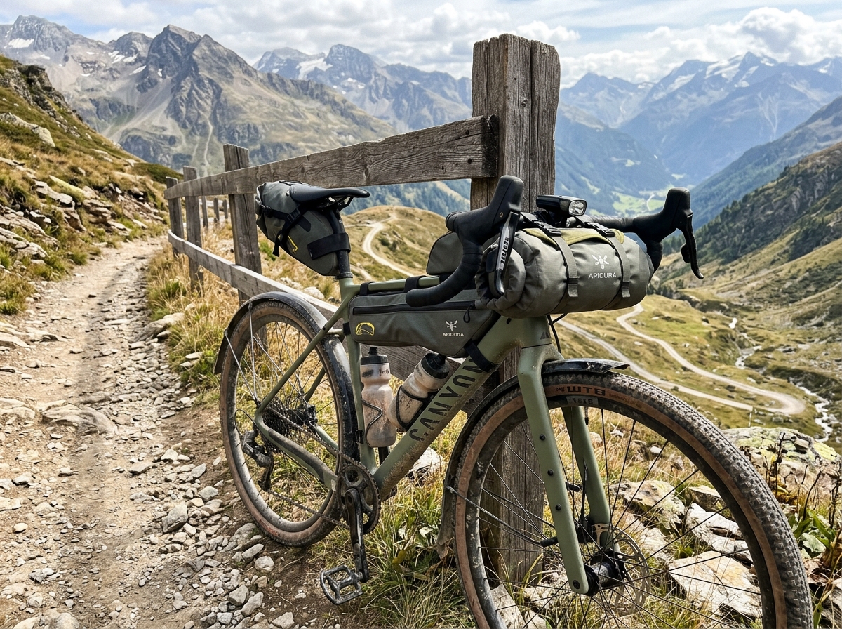 Alpine gravel bikepacking bike at mountain pass