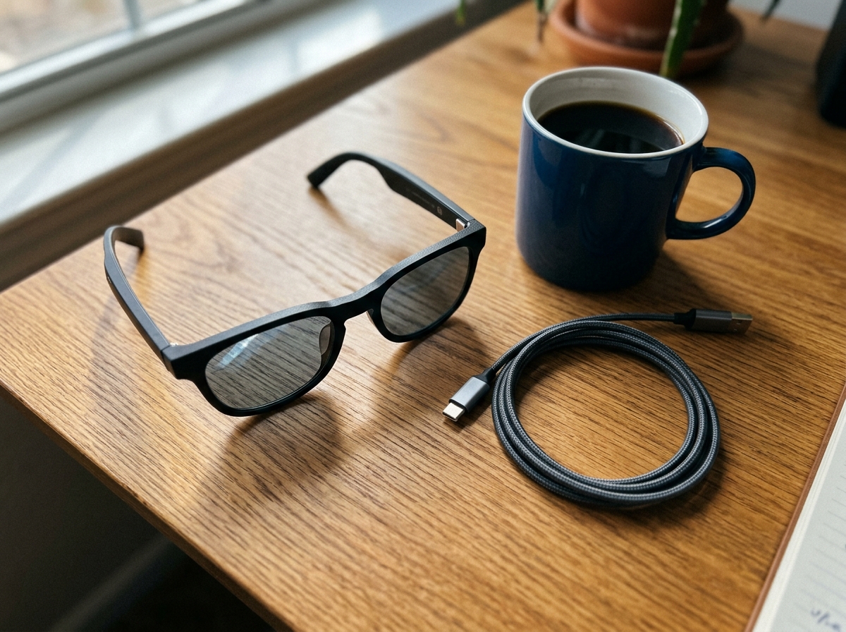 AR glasses and coffee on wooden desk