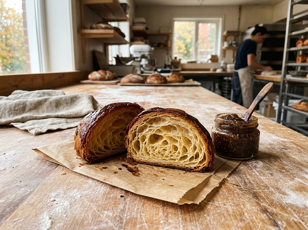 Brioche hojaldrado cortado por la mitad mostrando alveolado perfecto