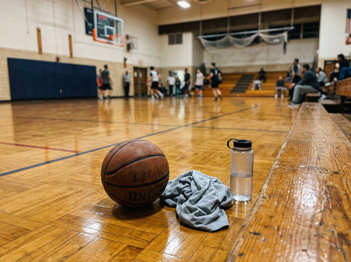 Pabellón y balón de baloncesto