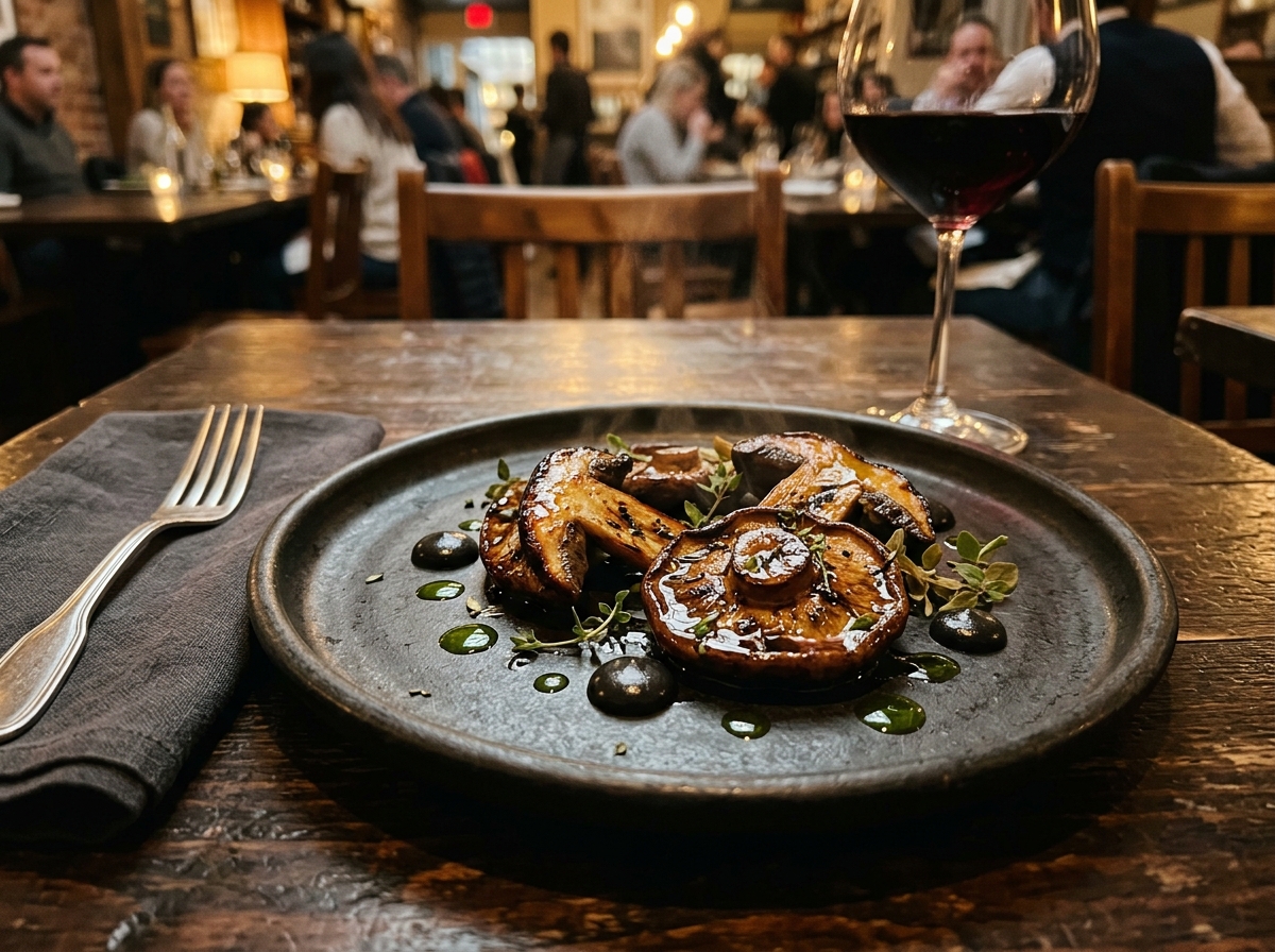 Sombreros de boletus a la plancha glaseados sobre vajilla rústica en mesa de restaurante