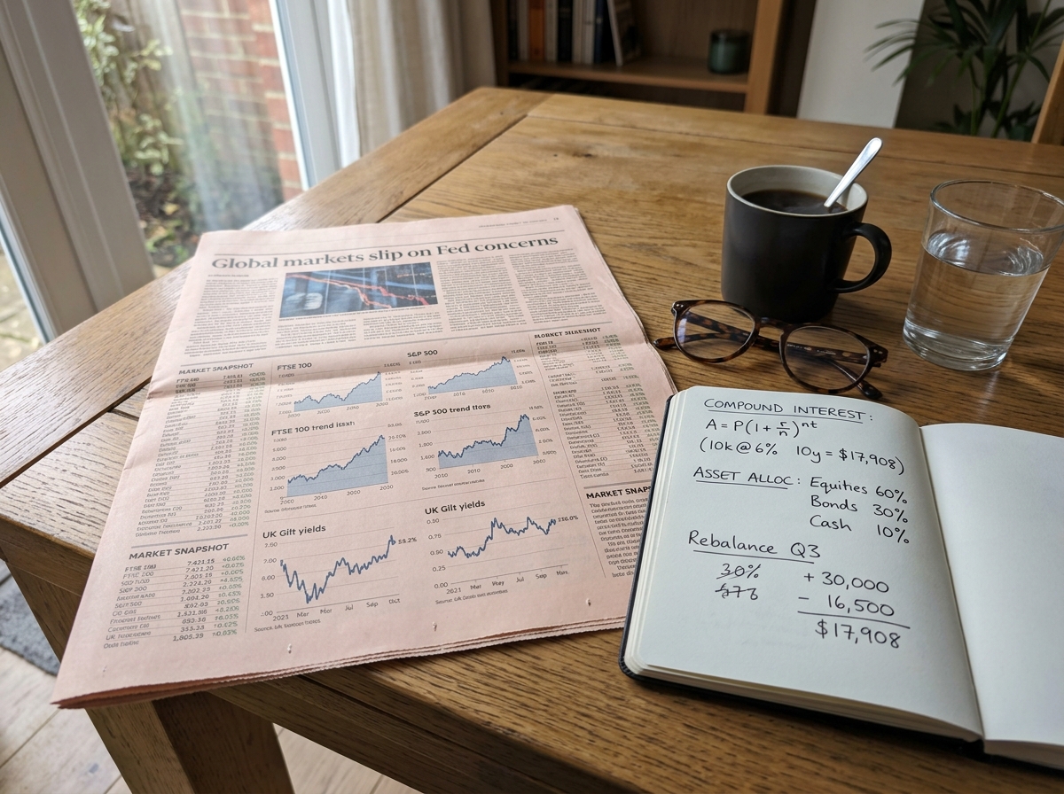 Escritorio matutino con periodico financiero cuaderno de interes compuesto gafas y cafe