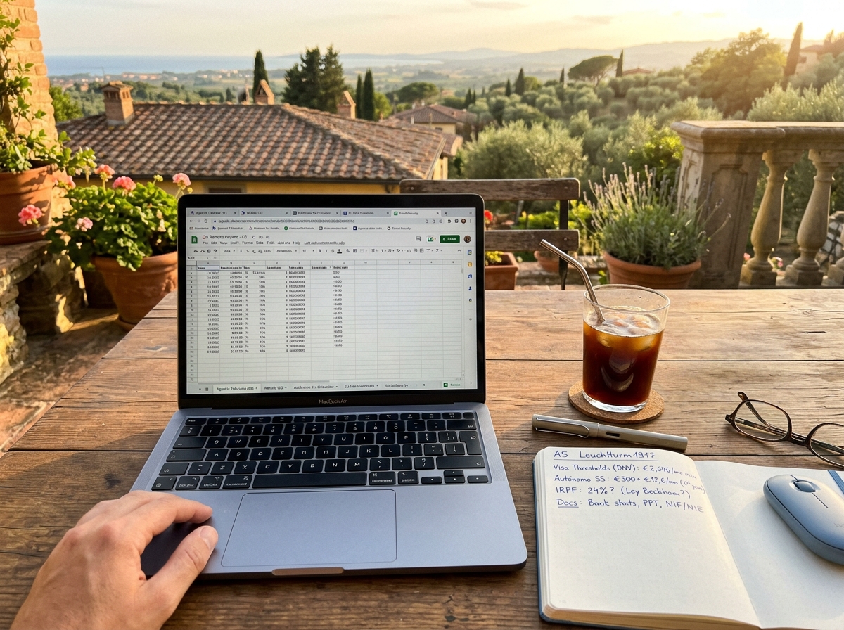 Terraza soleada con portátil, libreta de notas fiscales y café con hielo