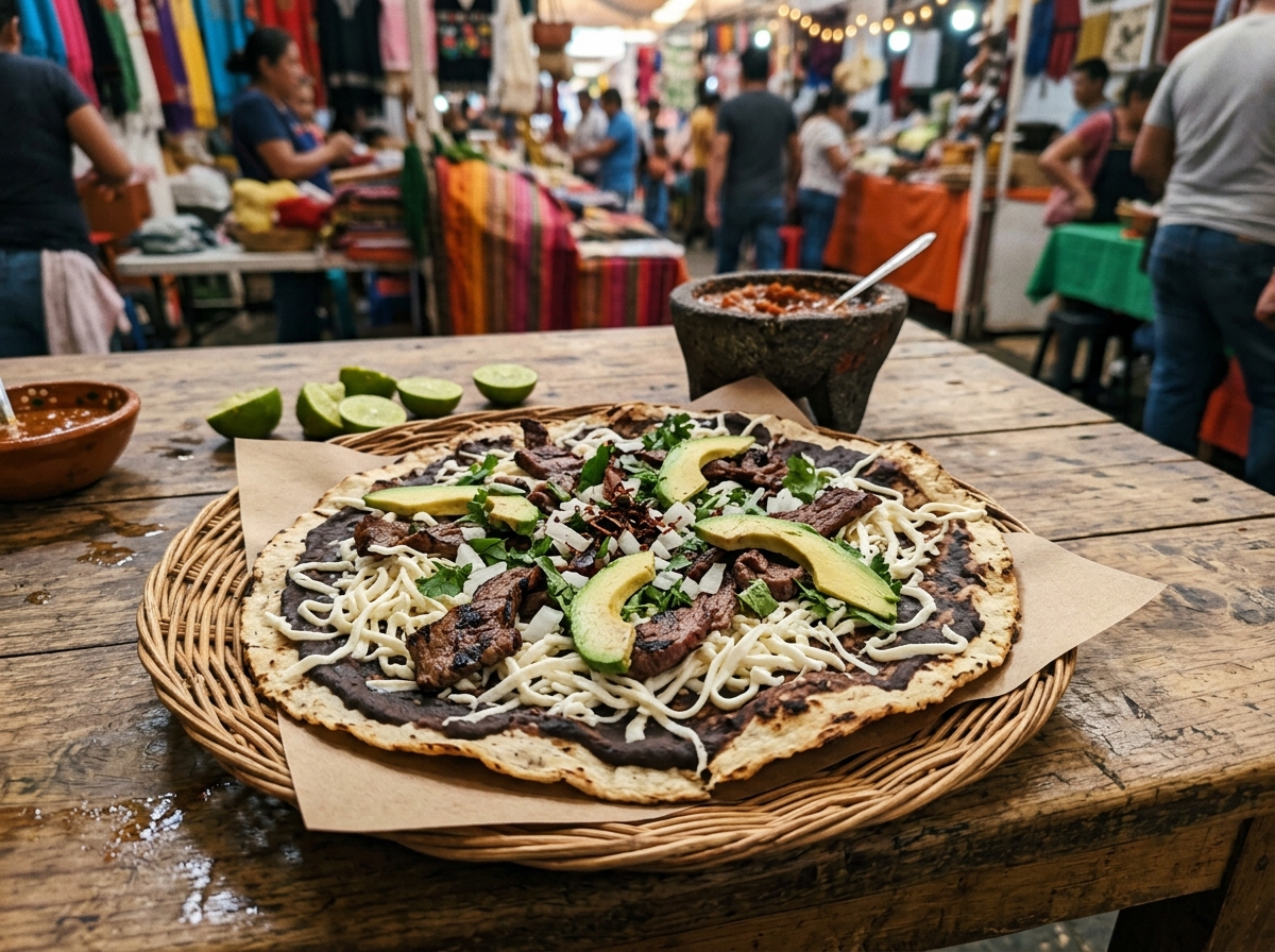 Tlayuda tradicional en puesto de mercado de Oaxaca