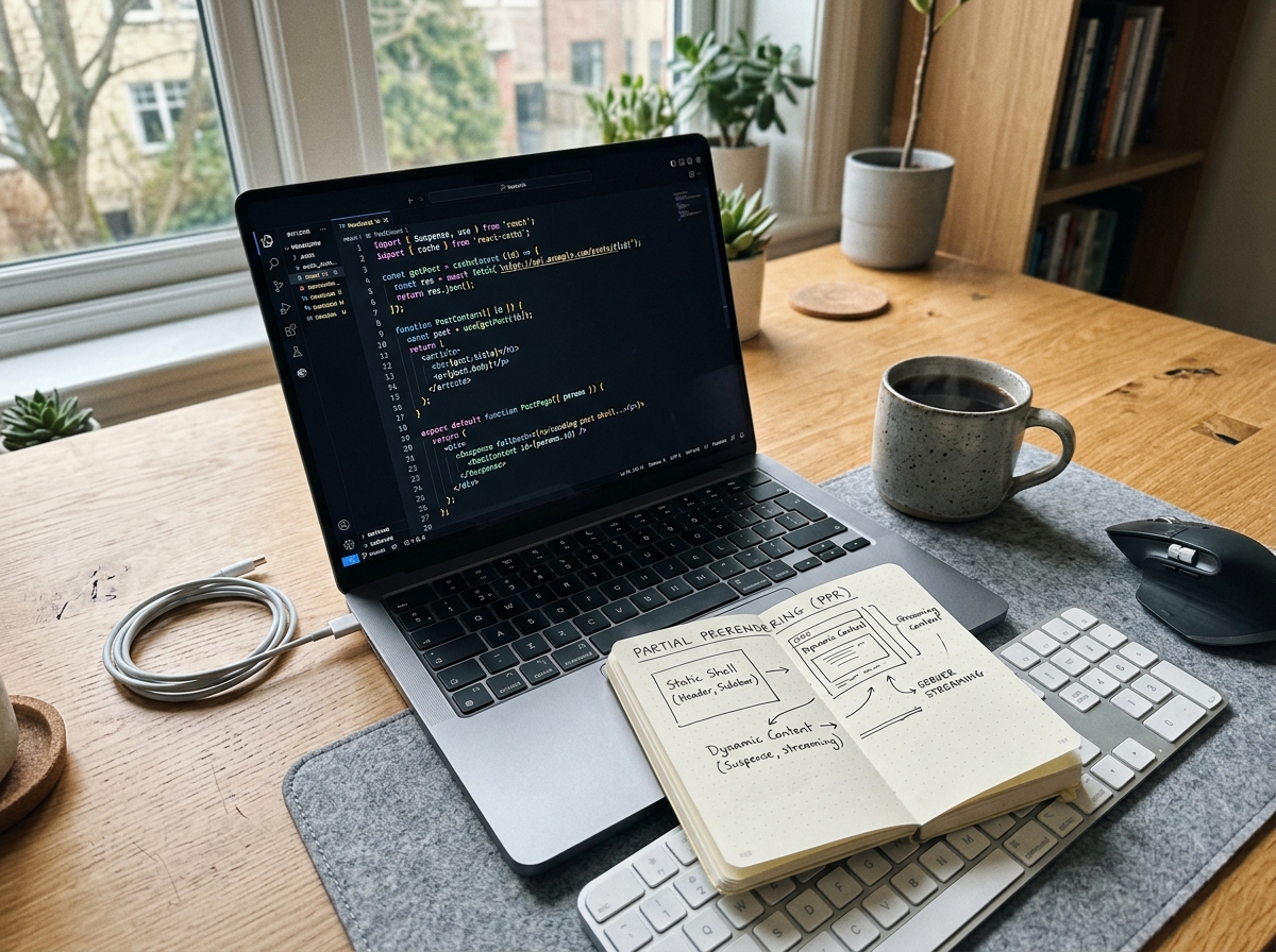 Developer desk showing code editor with use cache and notebook with PPR diagram