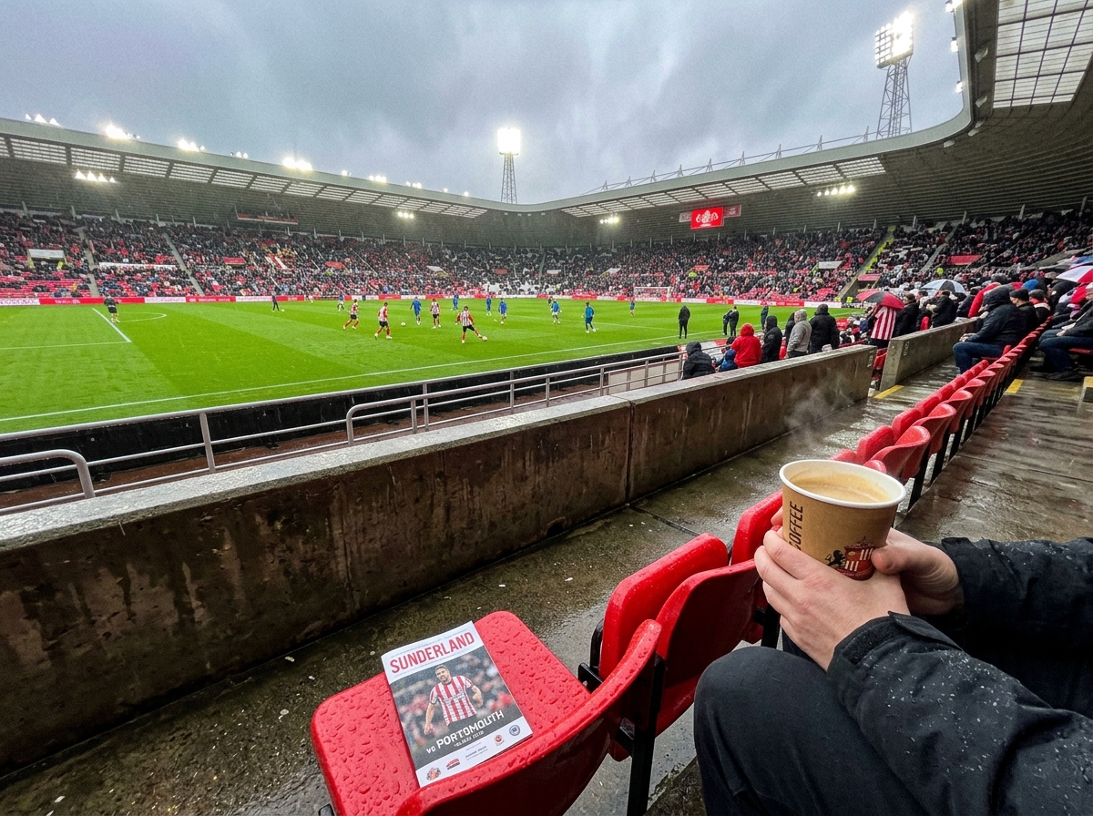 Grada de estadio bajo la lluvia con programa del partido y café caliente