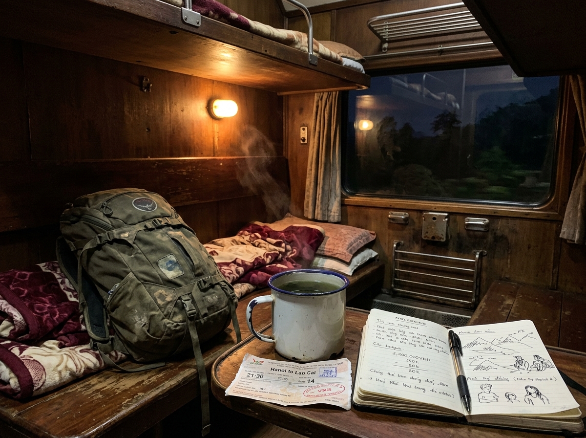 Mochila sobre litera de tren nocturno con taza de te verde billete de papel y libreta de gastos