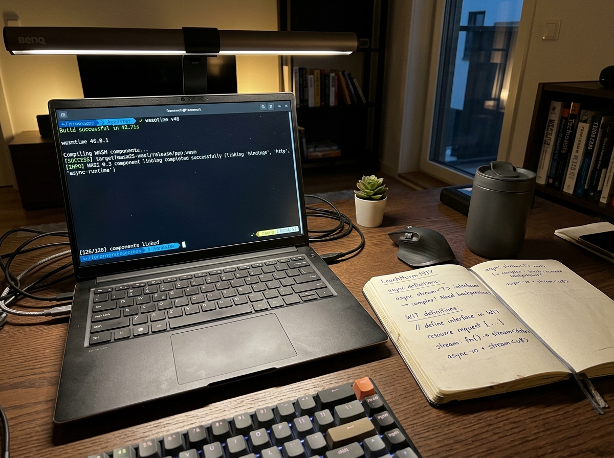 Developer desk setup with Wasmtime 46 linking and WASI 0.3 WIT stream notes